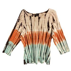 Tryst Tie Dye LS Shirt Top Turquoise Beige Orange Brown Boho ASO Phoebe Buffay